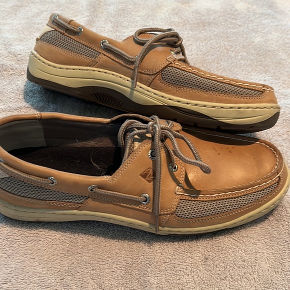 Mens Sperry Boat Shoes Size 10W Color: Tan Leather with Fabric insets - Picture 8 of 9